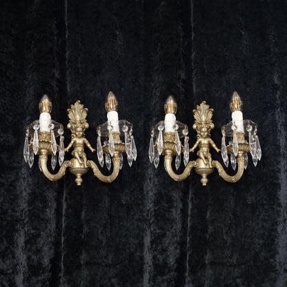 Traditional Pair Heavy Vintage French Silvered 2 Arm Cherub Sconces Wall Lights