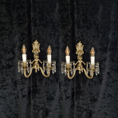 Traditional Pair Heavy Vintage French Silvered 2 Arm Cherub Sconces Wall Lights