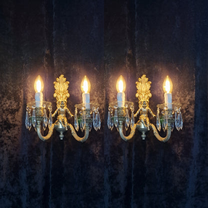 Traditional Pair Heavy Vintage French Silvered 2 Arm Cherub Sconces Wall Lights