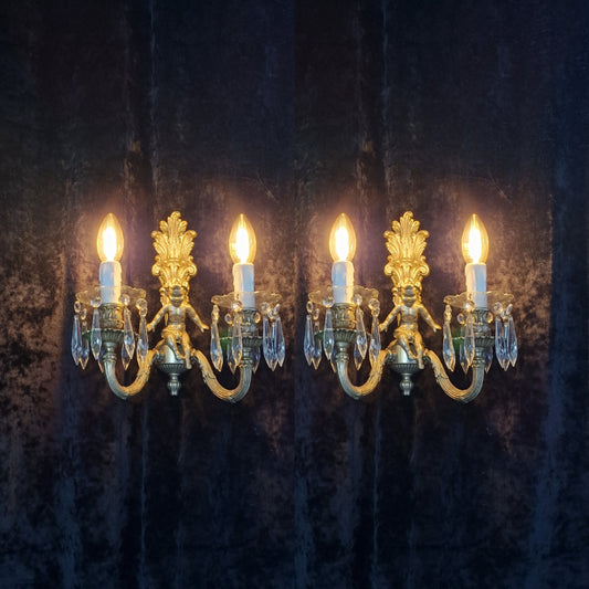 Traditional Pair Heavy Vintage French Silvered 2 Arm Cherub Sconces Wall Lights