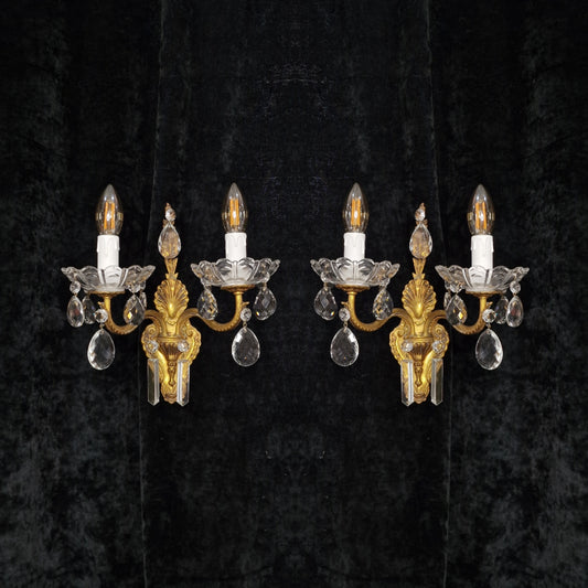 Lovely Pair of Vintage French 2 Arm Leaf Brass Crystal Wall Lights Sconces
