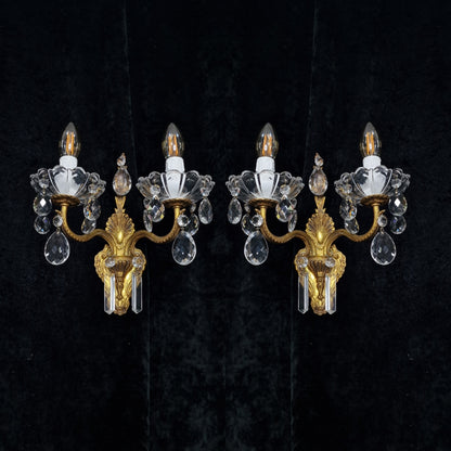 Lovely Pair of Vintage French 2 Arm Leaf Brass Crystal Wall Lights Sconces