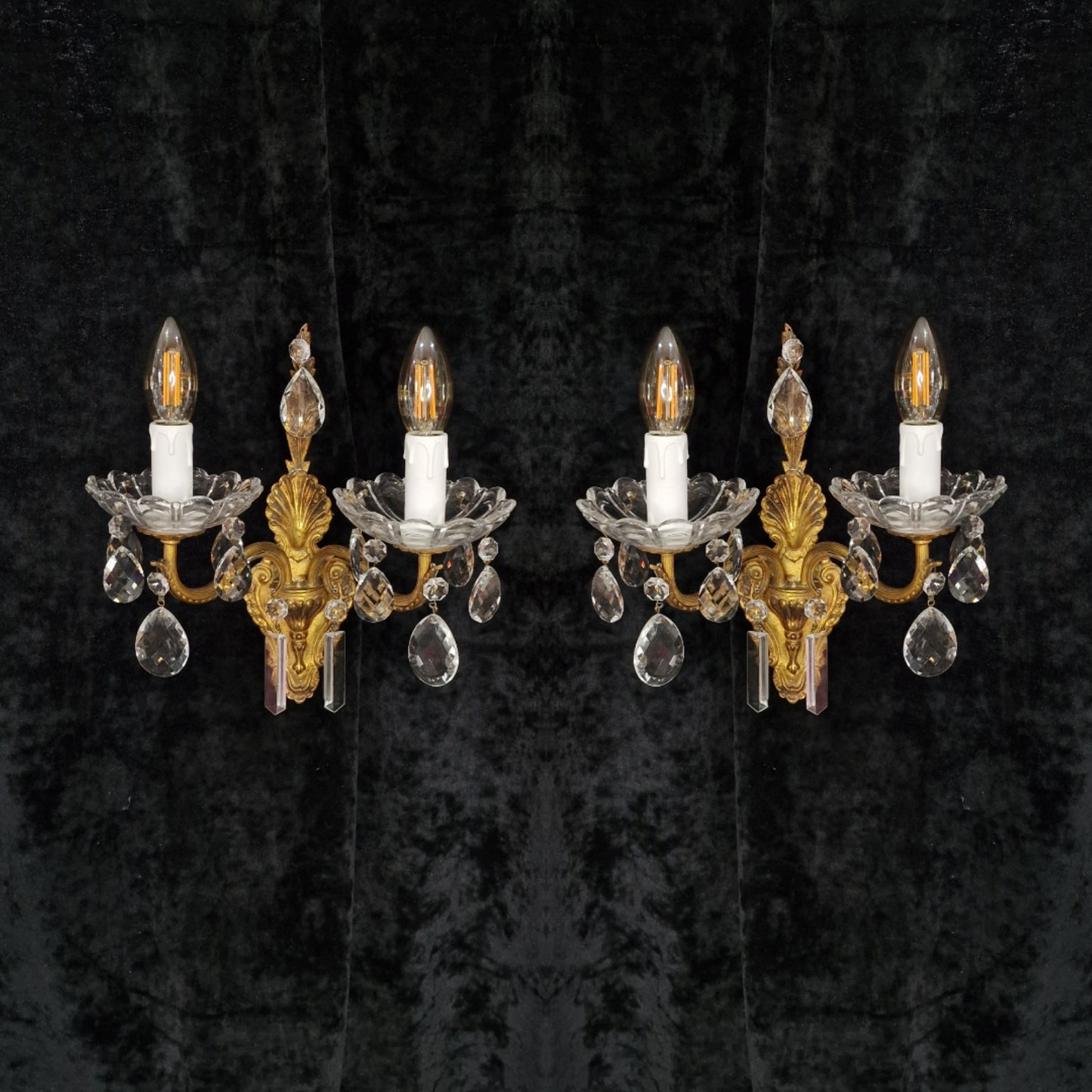 Lovely Pair of Vintage French 2 Arm Leaf Brass Crystal Wall Lights Sconces
