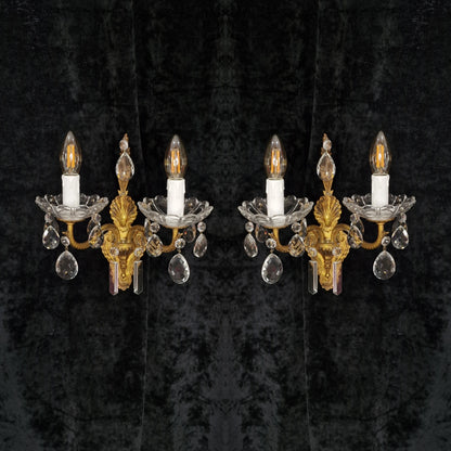 Lovely Pair of Vintage French 2 Arm Leaf Brass Crystal Wall Lights Sconces
