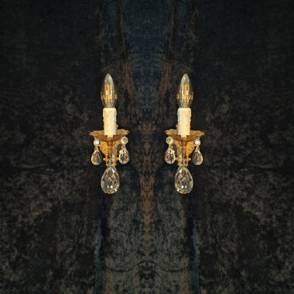 Beautiful Pair of Vintage French Leaf Brass Crystal 1 Arm Wall Lights Sconces