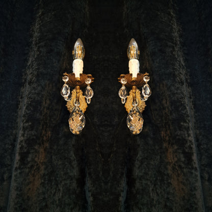 Beautiful Pair of Vintage French Leaf Brass Crystal 1 Arm Wall Lights Sconces