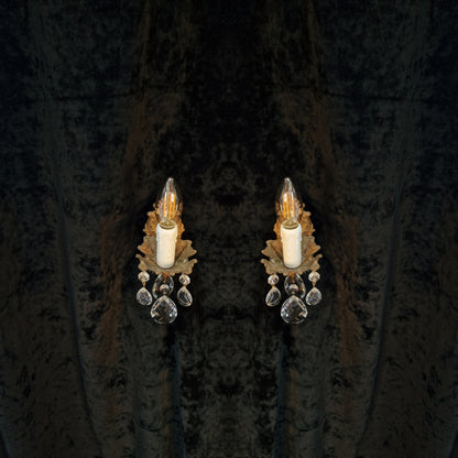 Beautiful Pair of Vintage French Leaf Brass Crystal 1 Arm Wall Lights Sconces