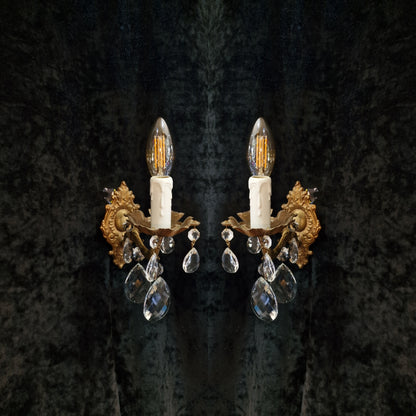 Beautiful Pair of Vintage French Leaf Brass Crystal 1 Arm Wall Lights Sconces