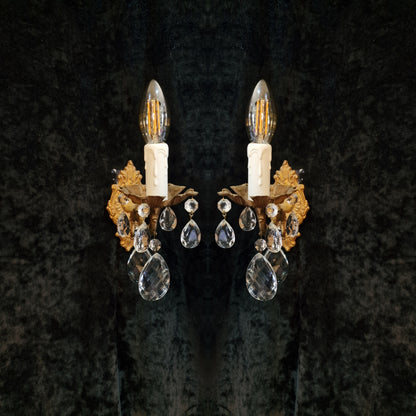 Beautiful Pair of Vintage French Leaf Brass Crystal 1 Arm Wall Lights Sconces