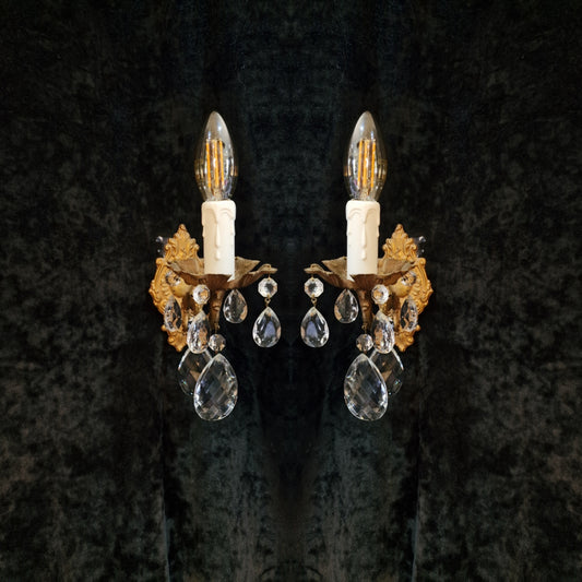Beautiful Pair of Vintage French Leaf Brass Crystal 1 Arm Wall Lights Sconces