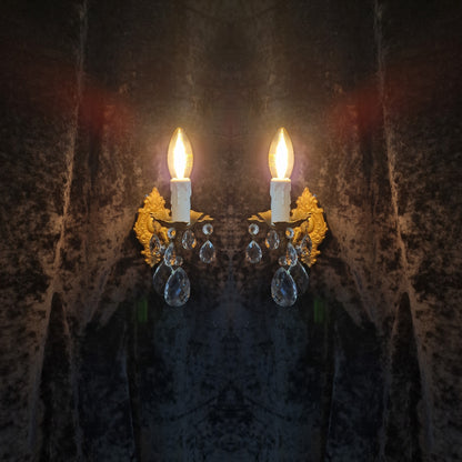 Beautiful Pair of Vintage French Leaf Brass Crystal 1 Arm Wall Lights Sconces