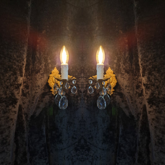 Beautiful Pair of Vintage French Leaf Brass Crystal 1 Arm Wall Lights Sconces