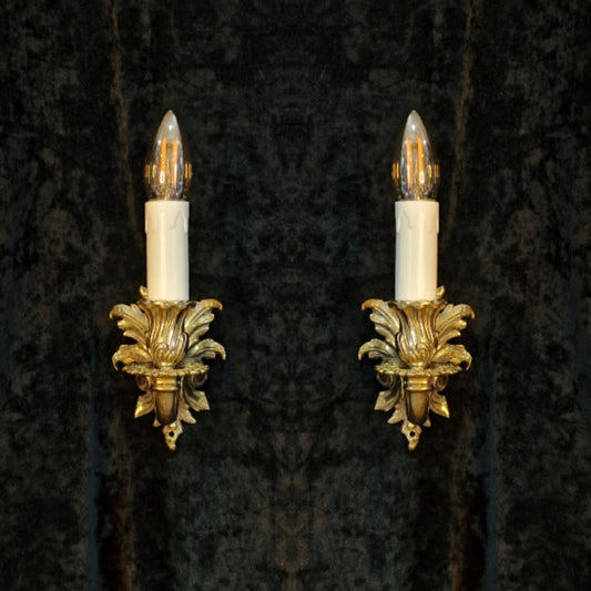 Traditional Pair of Vintage French Rococo Style Single-Arm Brass Wall Sconces