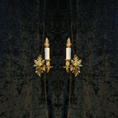 Traditional Pair of Vintage French Rococo Style Single-Arm Brass Wall Sconces