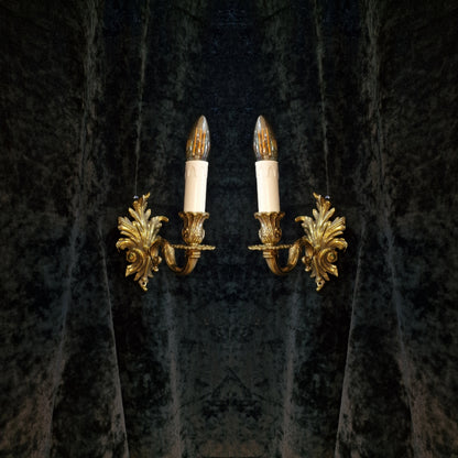 Traditional Pair of Vintage French Rococo Style Single-Arm Brass Wall Sconces