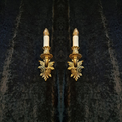 Traditional Pair of Vintage French Rococo Style Single-Arm Brass Wall Sconces