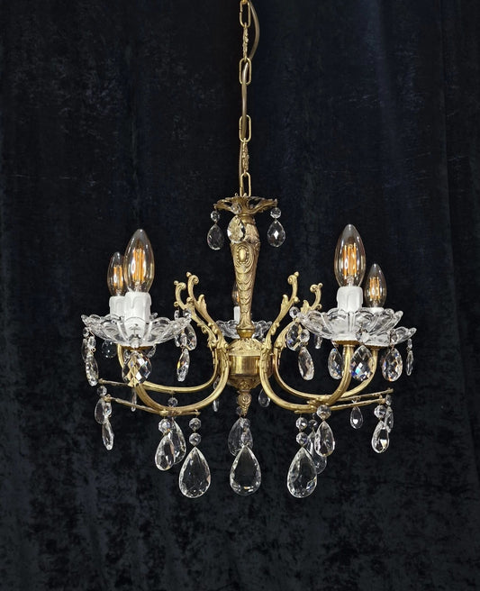 Lovely Vintage French 5 Arm Gilded and Crystal Leaf Chandelier Light