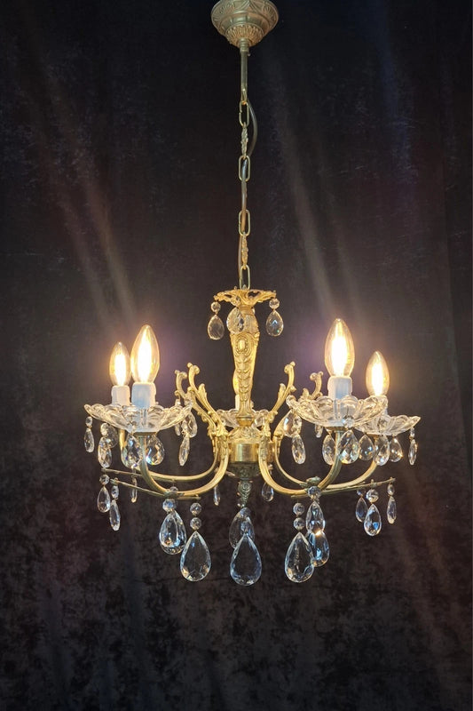 Lovely Vintage French 5 Arm Gilded and Crystal Leaf Chandelier Light