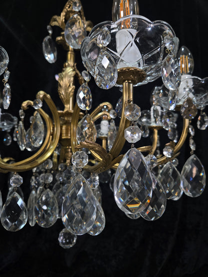 Beautiful Vintage Italian 8 Arm Brass Crystal Leaf Chandelier Ceiling Light