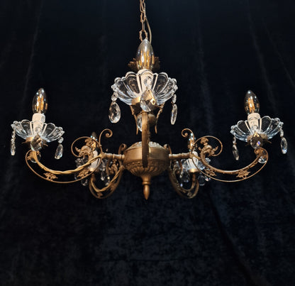 Beautiful 5 Arm Vintage Italian Brass and Crystal Dolphin Chandelier Light