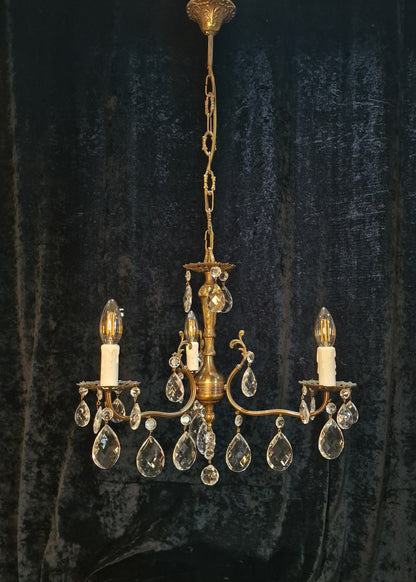 RESERVED Beautiful Vintage Italian 3 Arm Crystal Aged Brass Leaf Chandelier Ceiling Light