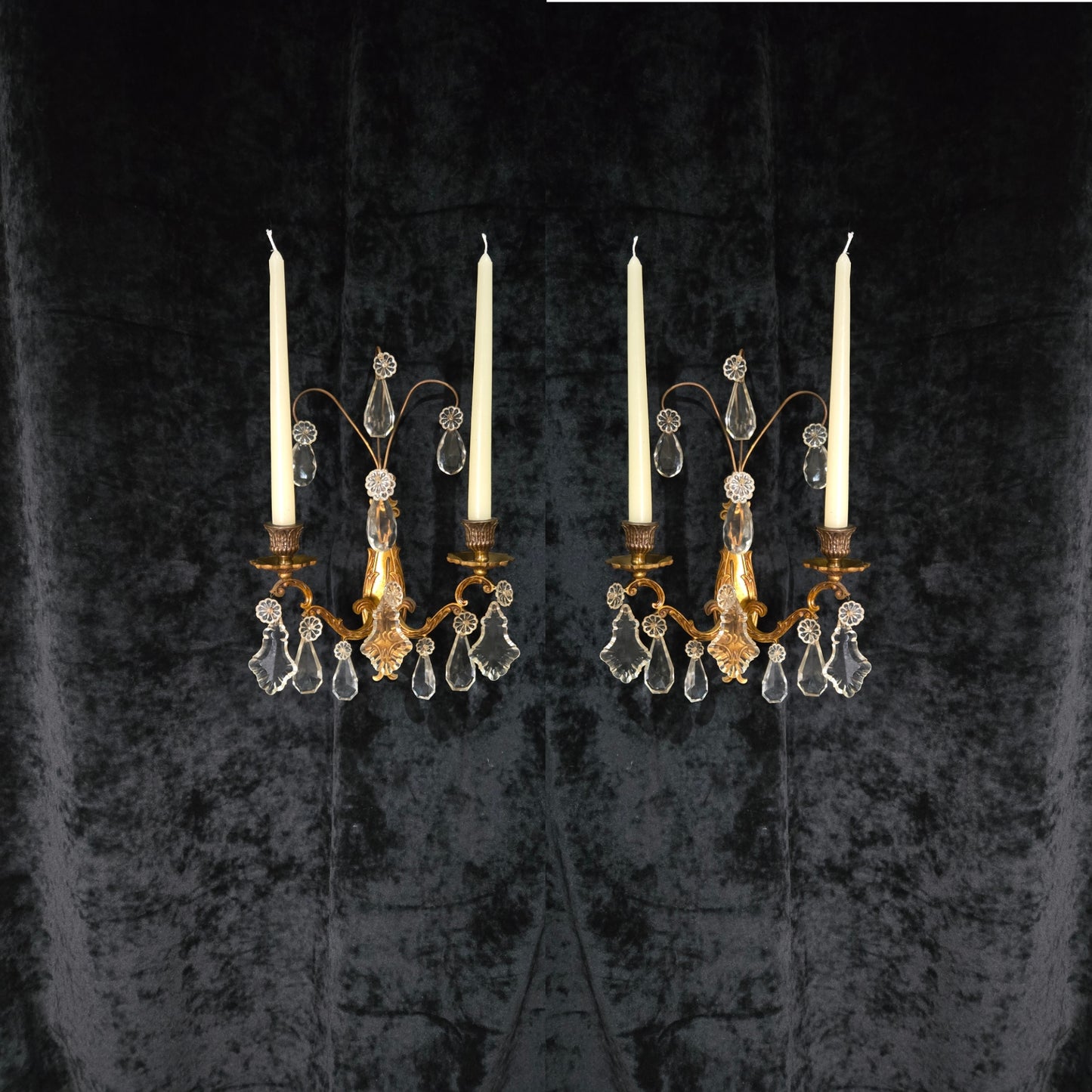 Beautiful Pair Antique French Gilt Bronze Brass 2 Arm Crystal Candle Wall Lights