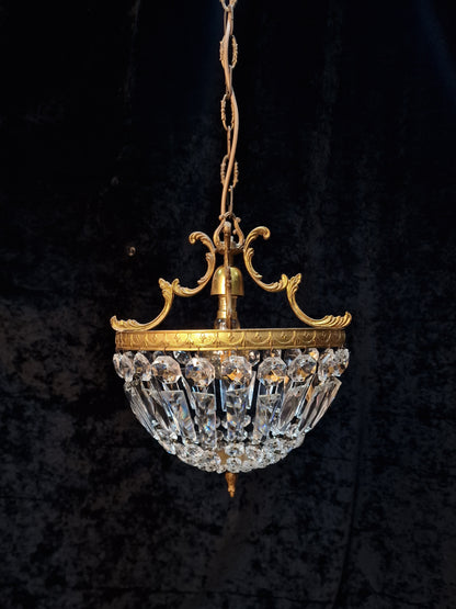 Lovely Vintage French 1 Light Brass Crystal Half Bag Montgolfiere Chandelier