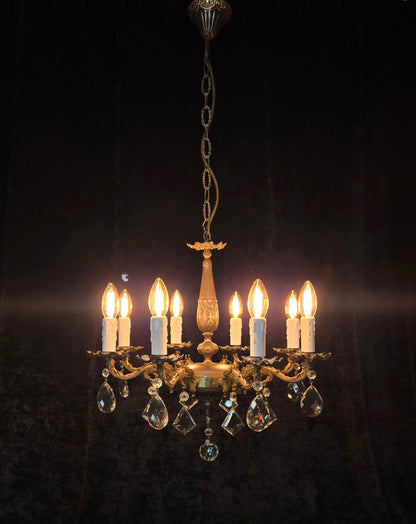 Fabulous Vintage Italian 8 Arm Brass Flower Crystal Chandelier Ceiling Light