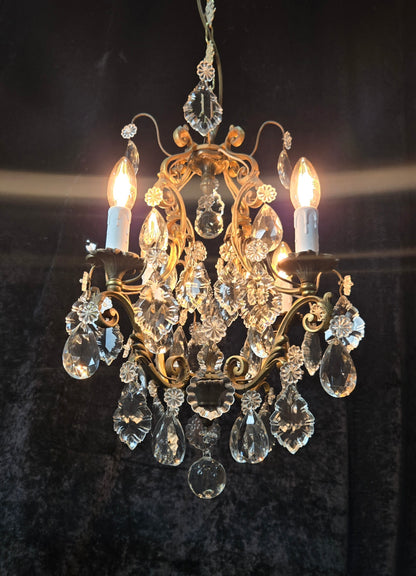 Gorgeous Heavy Antique French 4 Arm Caged Bronze Crystal Chandelier Light