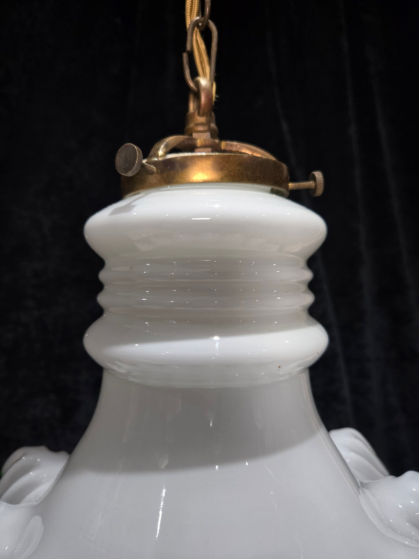Fabulous Antique French Large Opaline Glass Shade Green Edging Brass Light