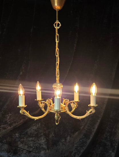 Traditional Vintage French 5 Arm Heavy Brass Flower Bud Chandelier ceiling Light