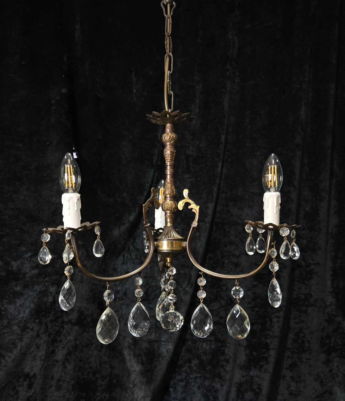 Lovely Vintage Italian 3 Arm Brass and Crystal Chandelier Ceiling Light