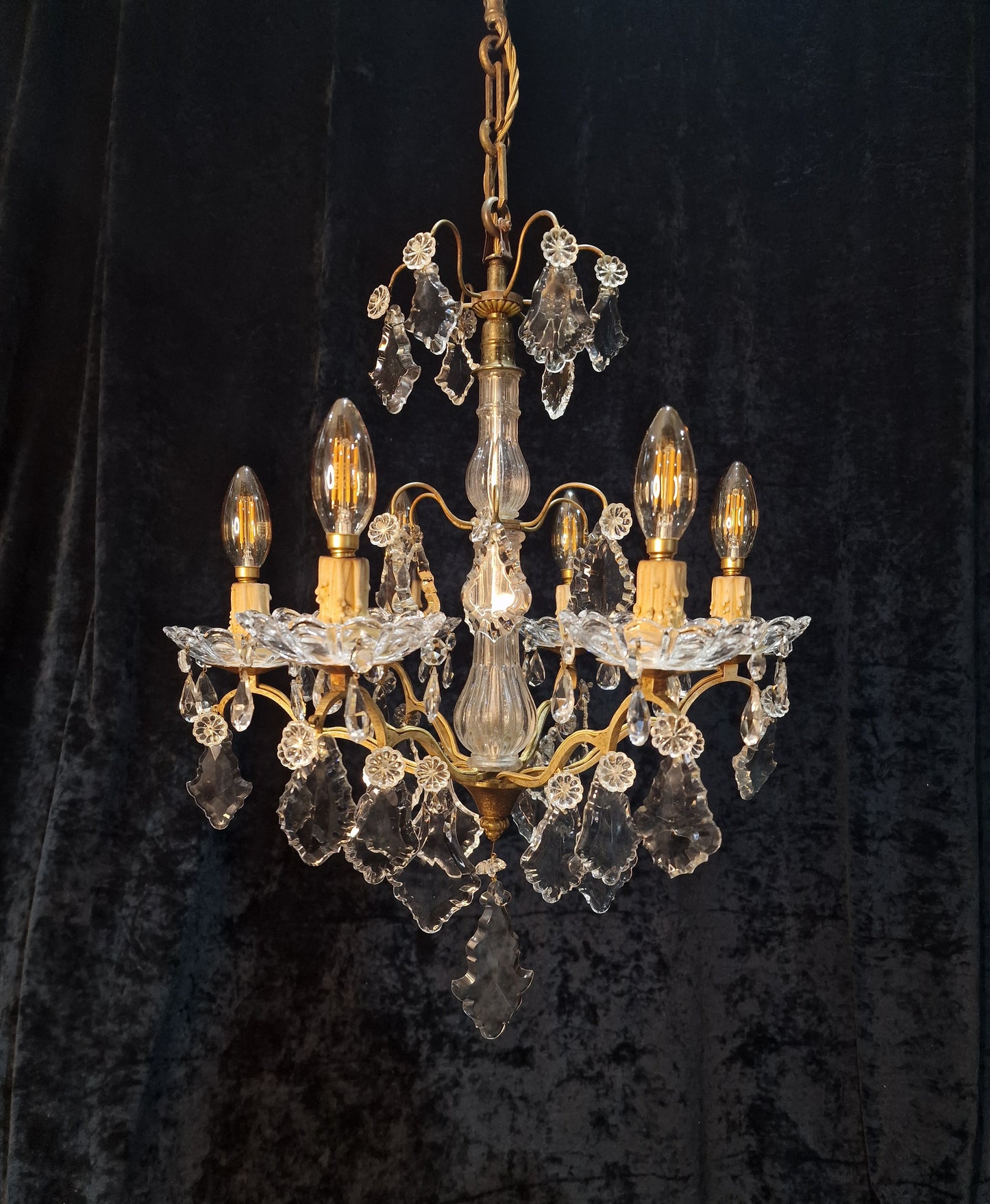 Gorgeous Antique French 6 Arm 2 Tier Brass and Crystal Chandelier Ceiling Light