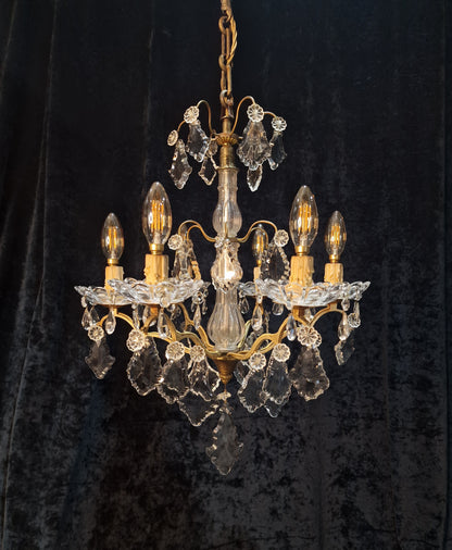 Gorgeous Antique French 6 Arm 2 Tier Brass and Crystal Chandelier Ceiling Light