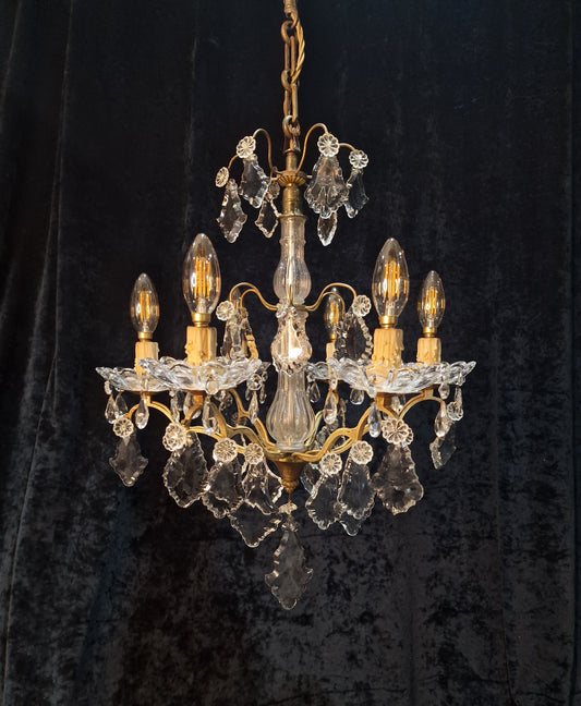 Gorgeous Antique French 6 Arm 2 Tier Brass and Crystal Chandelier Ceiling Light