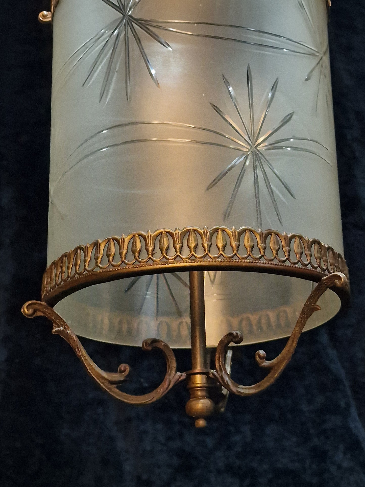 Classical Vintage Italian Cylinder Cut Glass Starburst Brass 3 Light Lantern