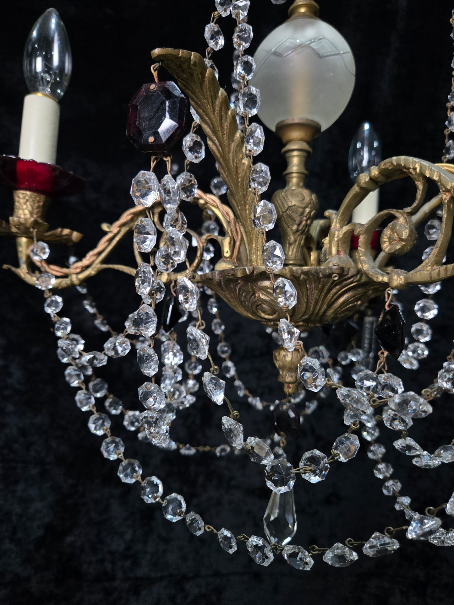 Stunning Antique French 3 Arm Glass Garnet Crystal Chandelier Ceiling Light