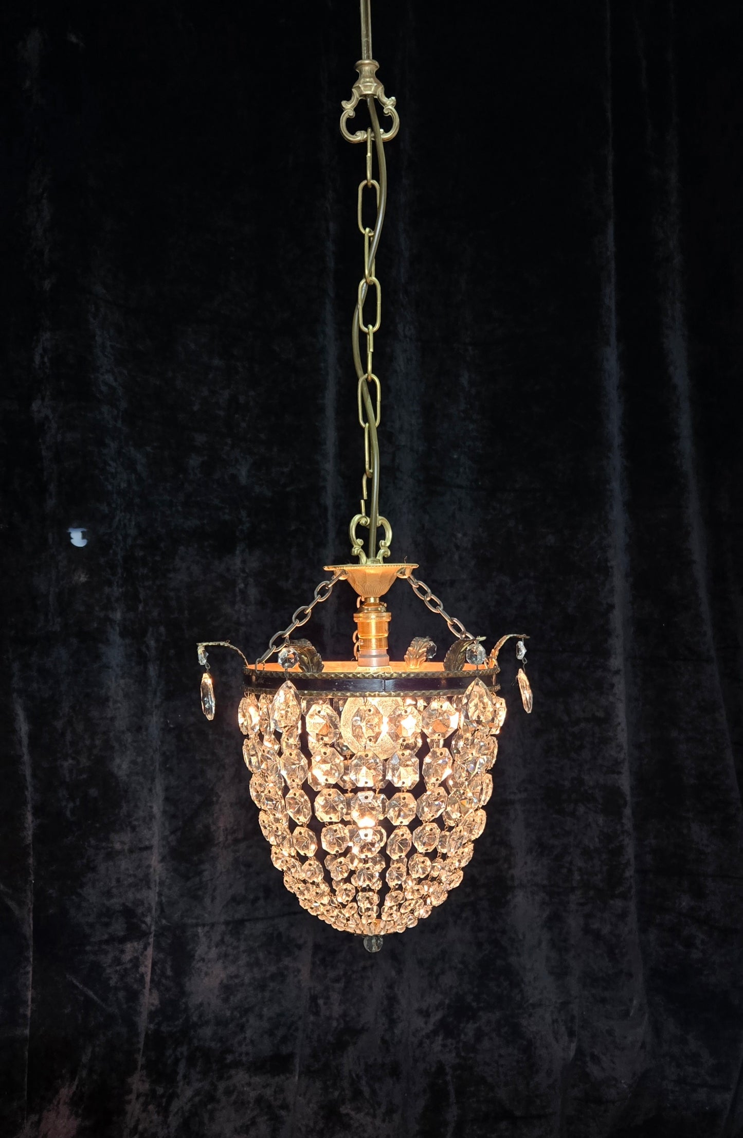 Stunning Antique French Empire Style Brass Crystal Leaf Chandelier Ceiling Light