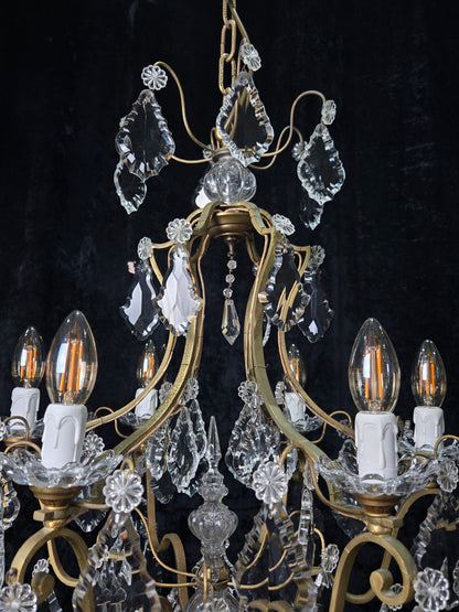 Classical Antique French 6 Arm Caged Bronze Crystal Chandelier Ceiling Light