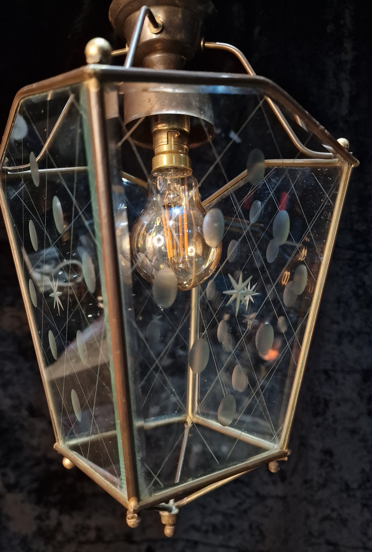 Classical Vintage French 1 Light Brass Bevelled Cut Glass Lantern Ceiling Light