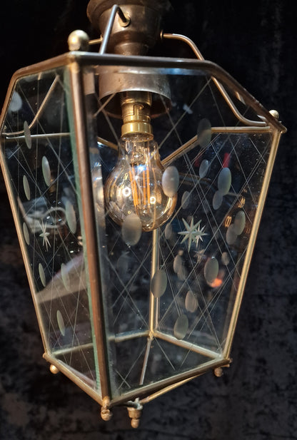 Classical Vintage French 1 Light Brass Bevelled Cut Glass Lantern Ceiling Light