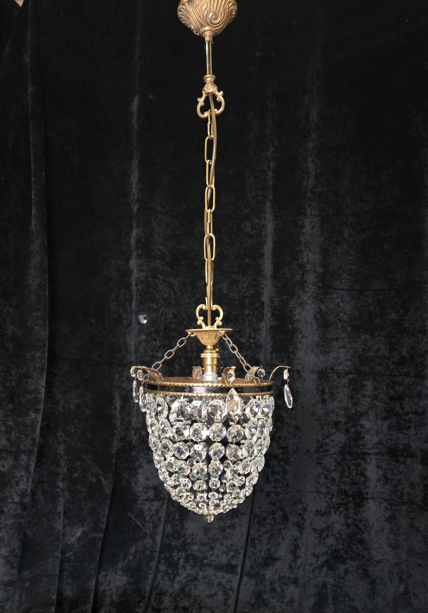 Stunning Antique French Empire Style Brass Crystal Leaf Chandelier Ceiling Light