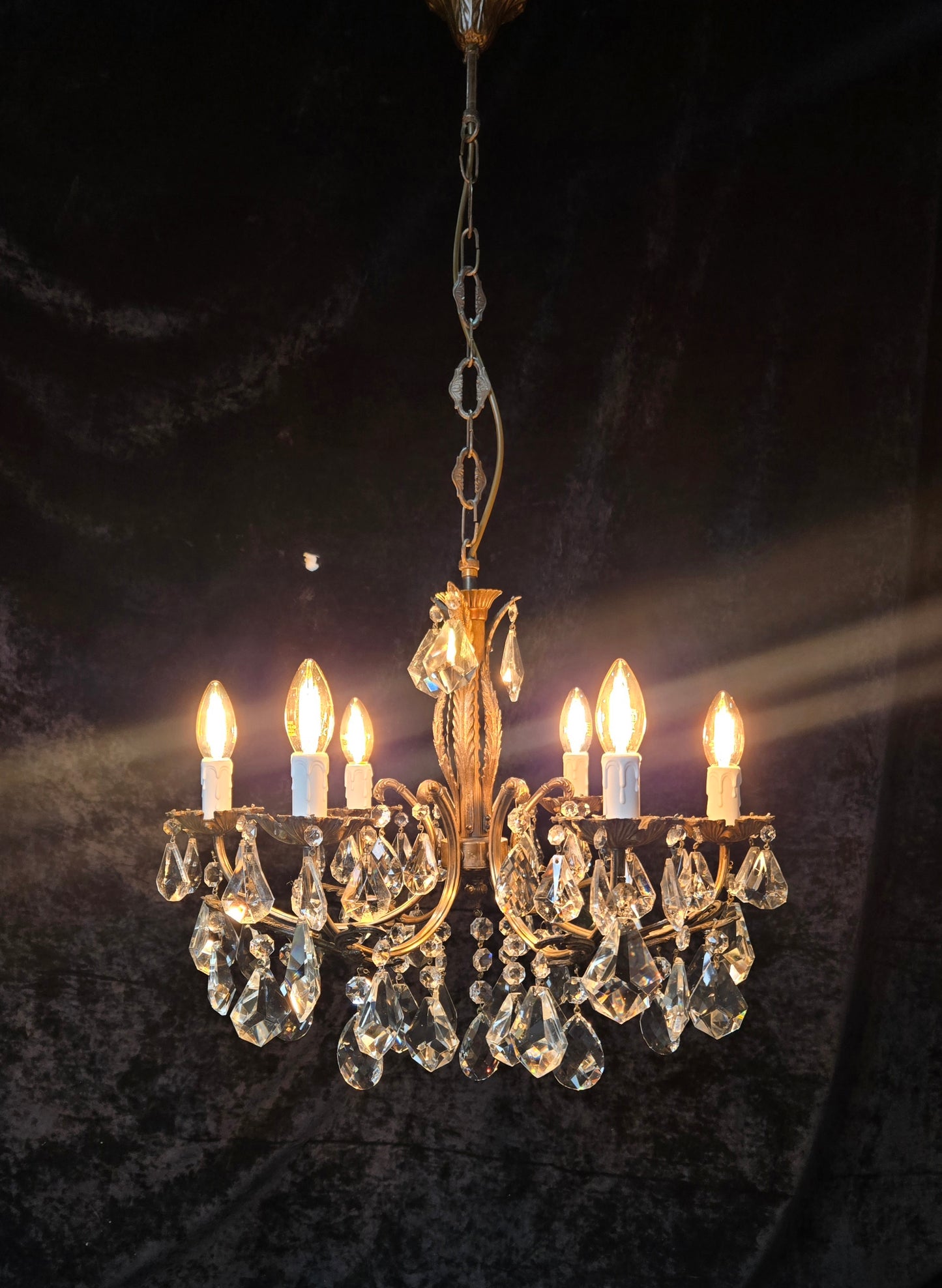 Fabulous Heavy Vintage Italian 6 Arm Leaf Crystal Chandelier Ceiling Light