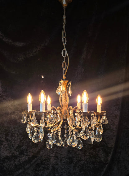 Fabulous Heavy Vintage Italian 6 Arm Leaf Crystal Chandelier Ceiling Light