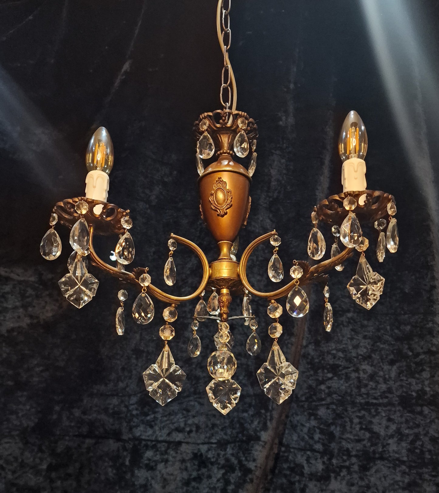 Lovely Vintage Italian 3 Arm Brass Crystal Leaf Chandelier Ceiling Light