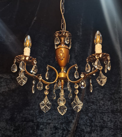 Lovely Vintage Italian 3 Arm Brass Crystal Leaf Chandelier Ceiling Light