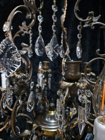 Fabulous Antique Italian 8 Arm 4 Candle Cage Brass Crystal Chandelier Light