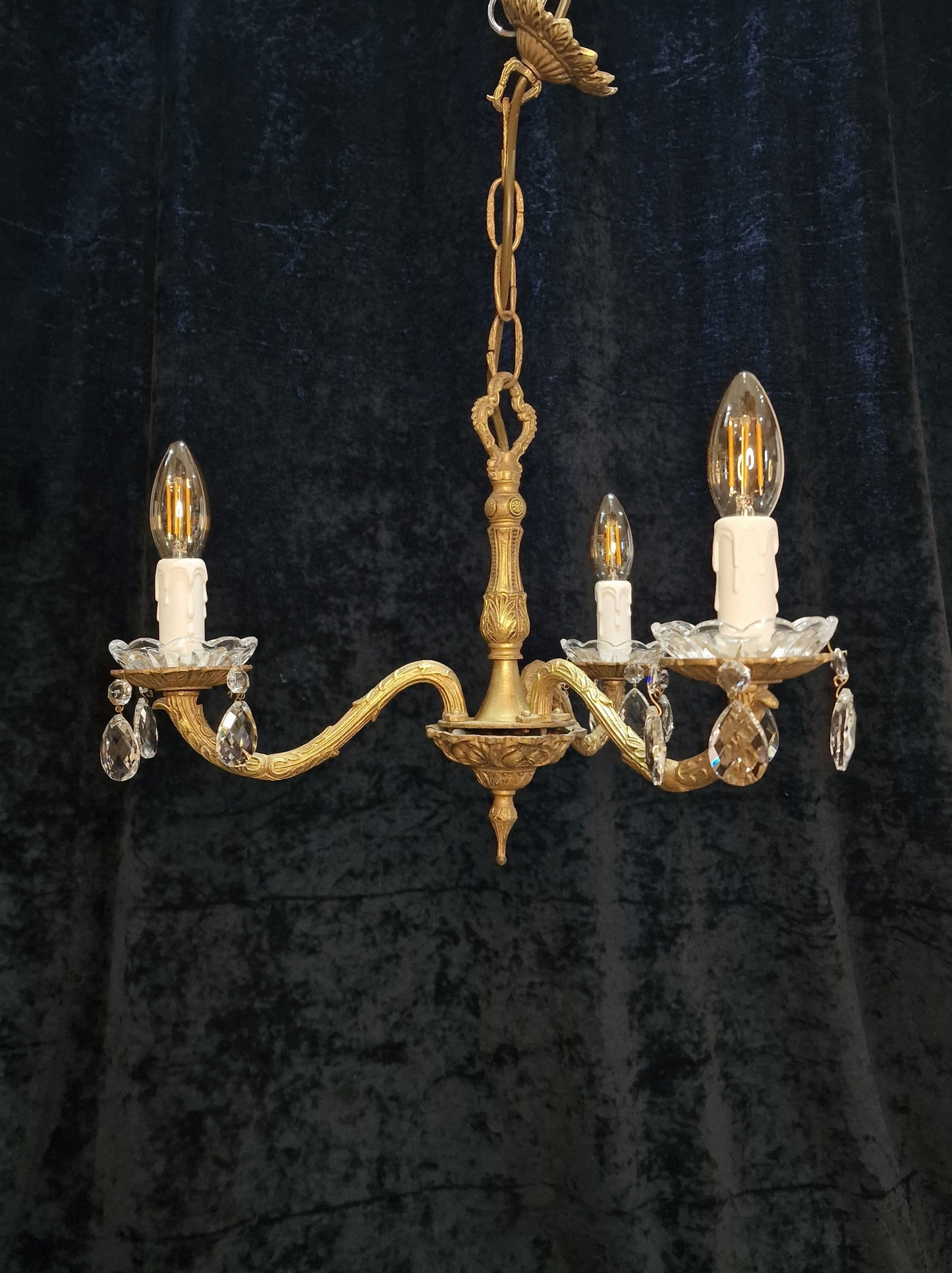 Lovely Vintage French Gilded Crystal Glass 3 Arm Chandelier Light