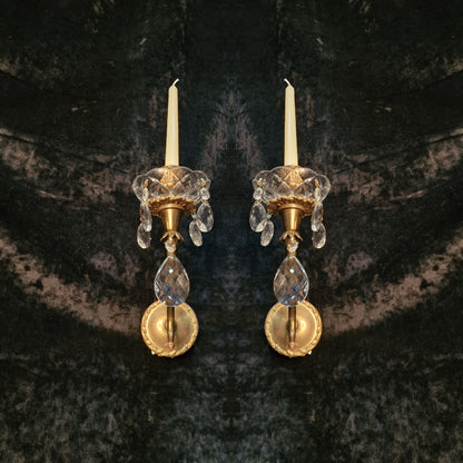 Elegant Pair Vintage Italian 1 Arm Crystal Brass Candle Wall Lights Sconces