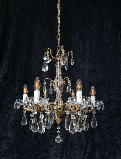 Fabulous Antique French 6 Arm Brass 2 Tier Crystal Chandelier Ceiling Light